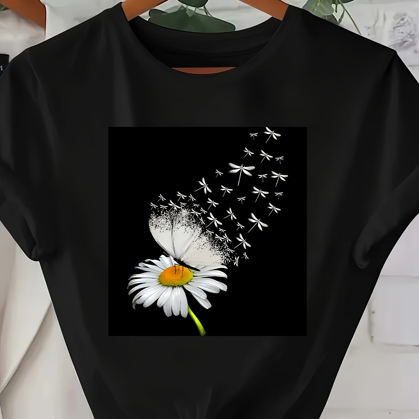 Plus Size Women's Black T-Shirt with White Dandelion and Dragonfly Print