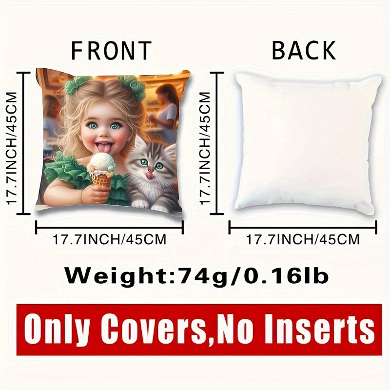 Girl and Kitten Print Plush Pillowcase 44.96cm Decorative Pillow for Home Decor