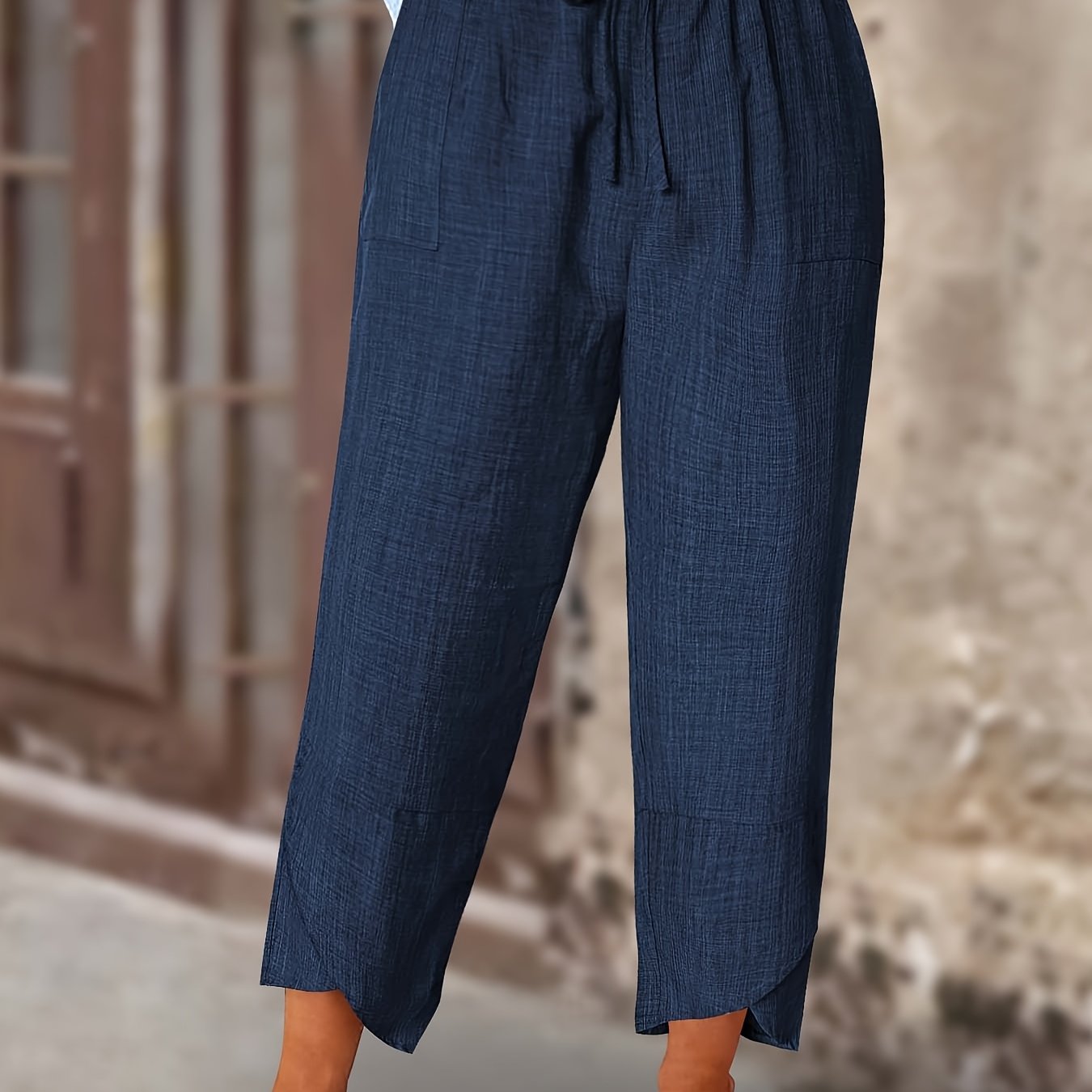 Women Navy Blue Harem Pants with Drawstring Waist Patch Pockets