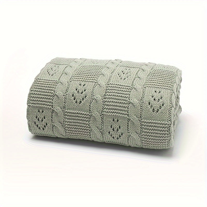 Solid Color Throw Blanket for Spring and Summer Knit Cable Hollow-Out Design Light Green Khaki White