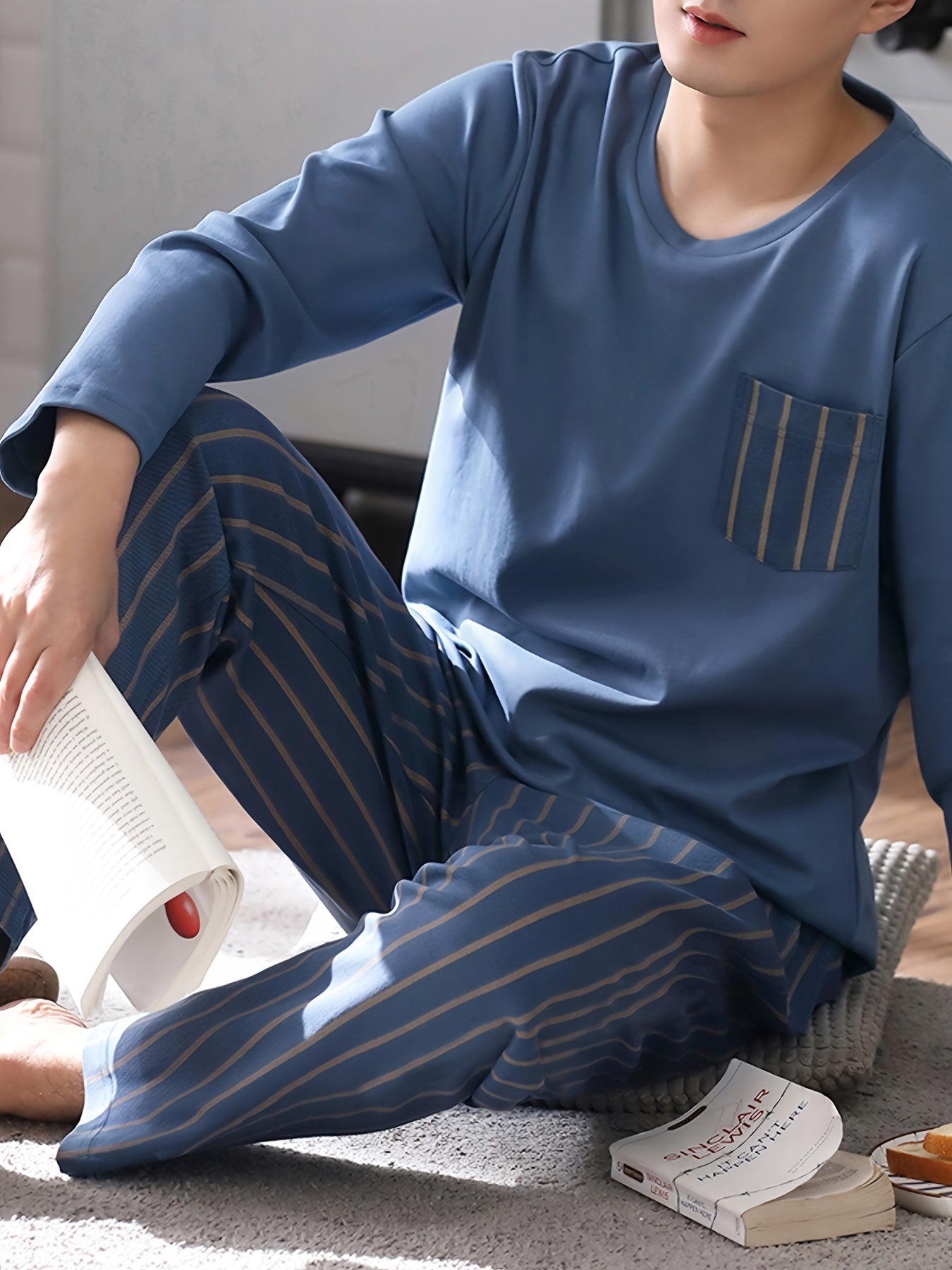 Men's Navy Blue Striped Pajama Set with Pockets Polyester Sleepwear