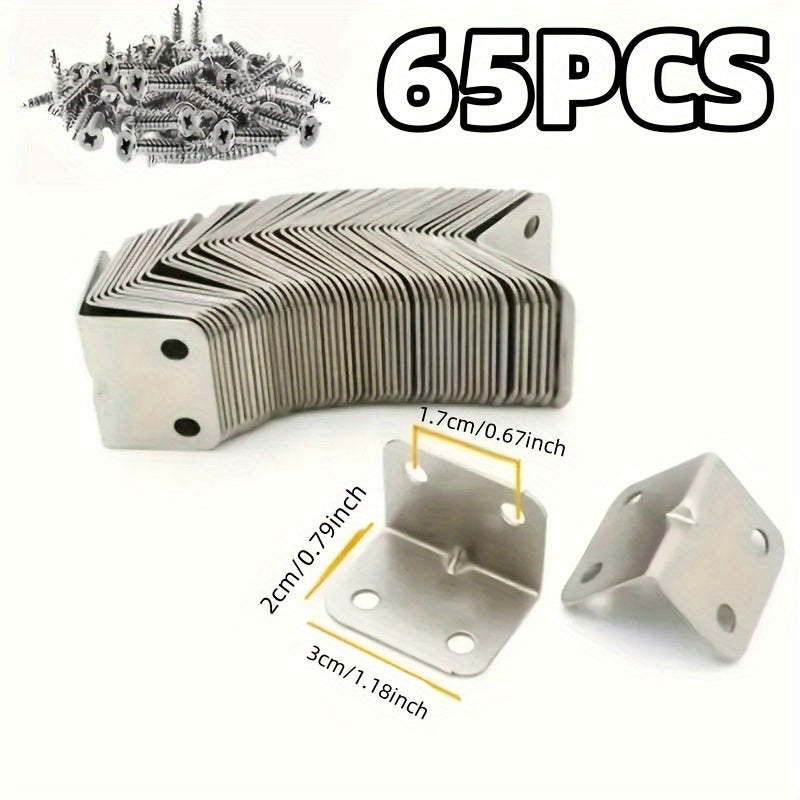 65 Pcs Metal L-Shaped Corner Braces Stainless Steel Right Angle Brackets