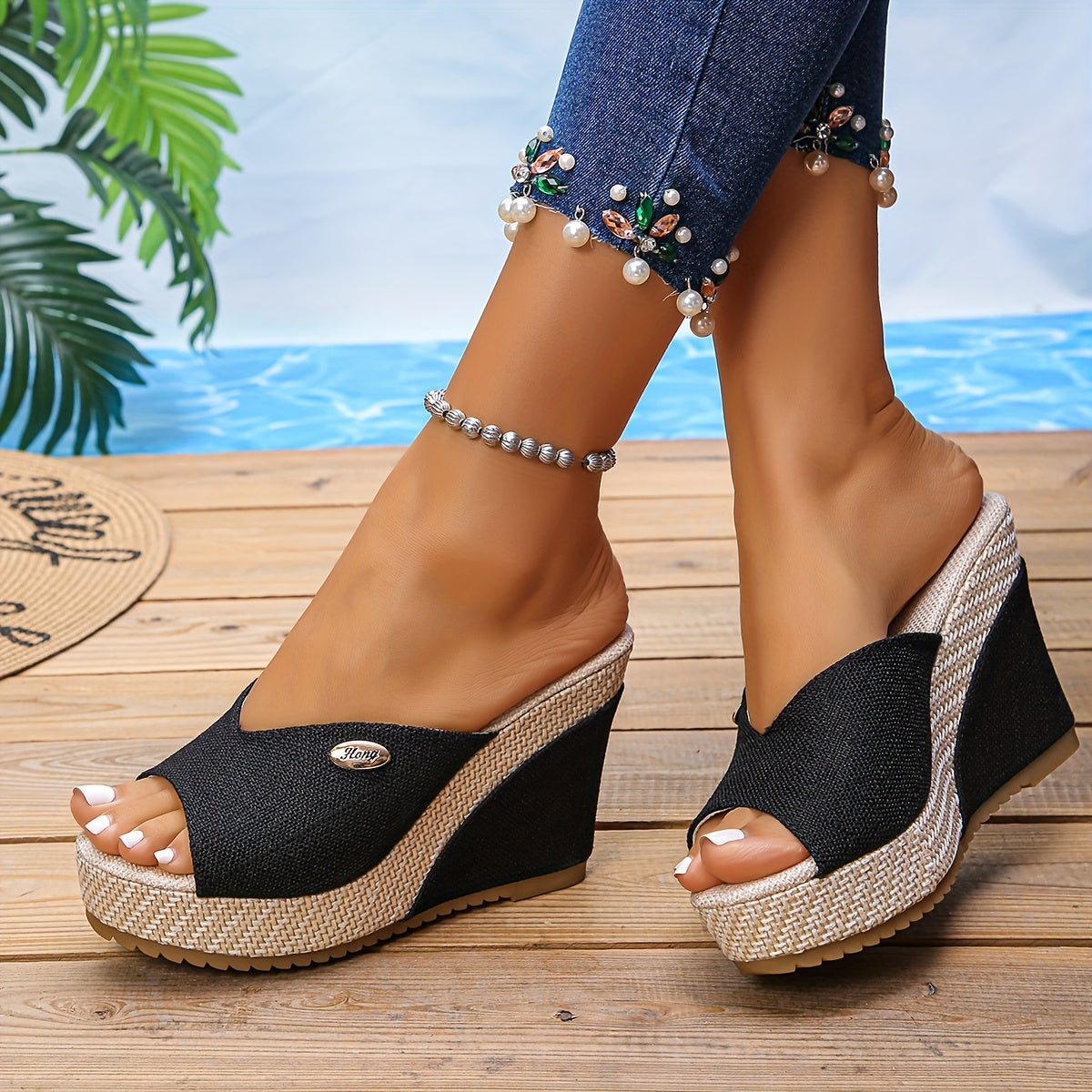 Women's Black Wedge Sandals with Arch Support Open Toe Slip-On