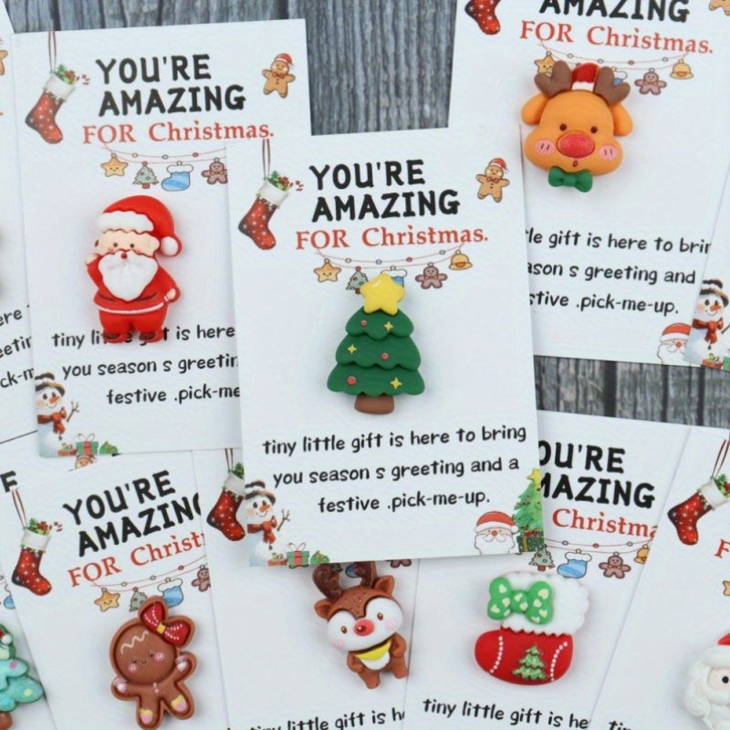 Set of 10 Christmas Greeting Cards with Resin Charms, Festive Santa, Reindeer, Snowman Designs