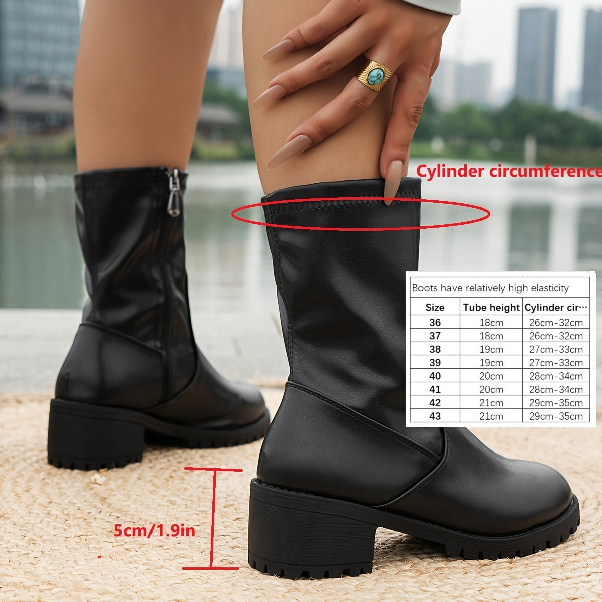 Women's Leather Ankle Boots High Heels Casual Side Zip Chunky Heel