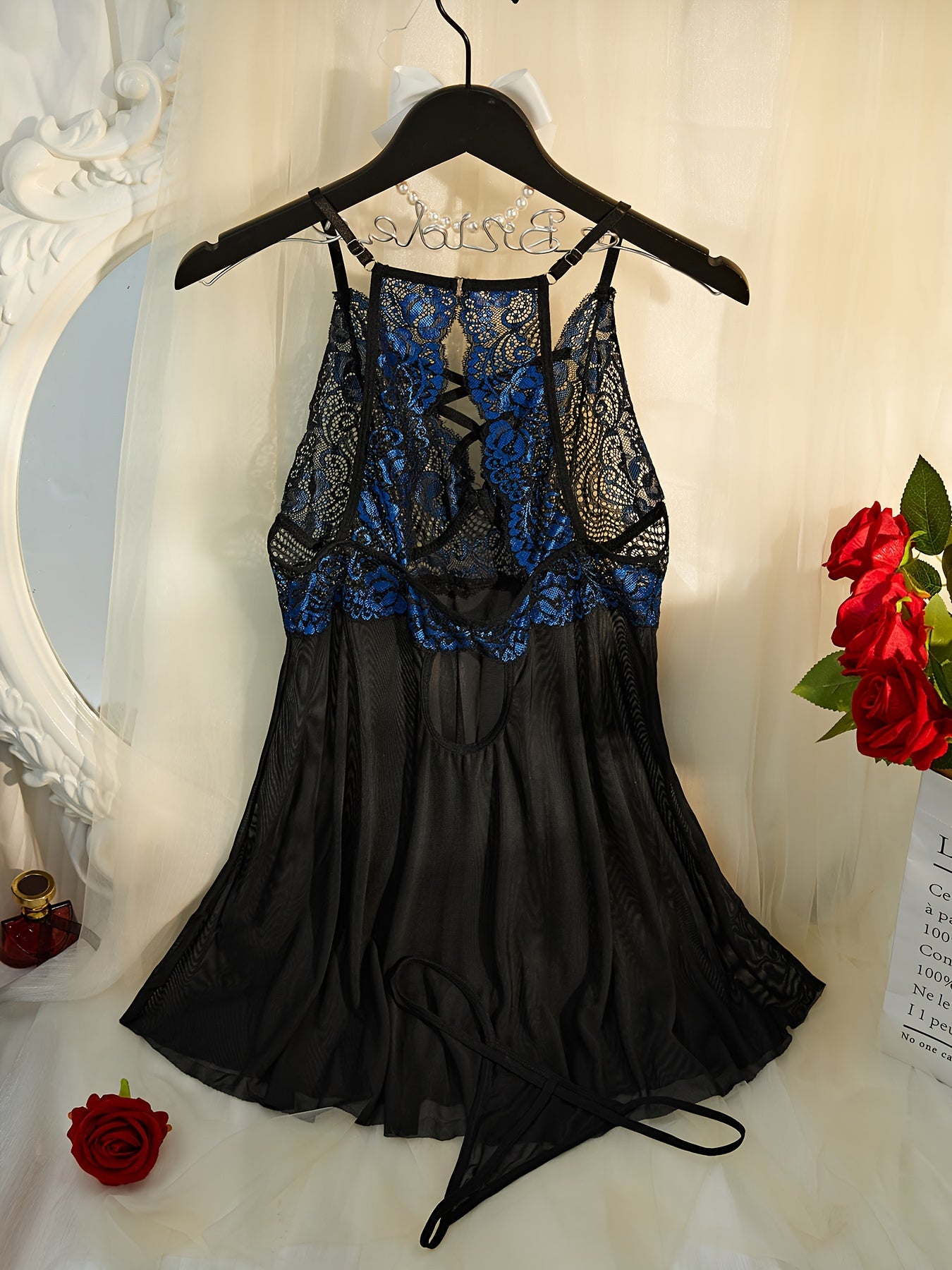 Women's Lace Babydoll Dress with Thong Set Semi-Sheer Colorblock