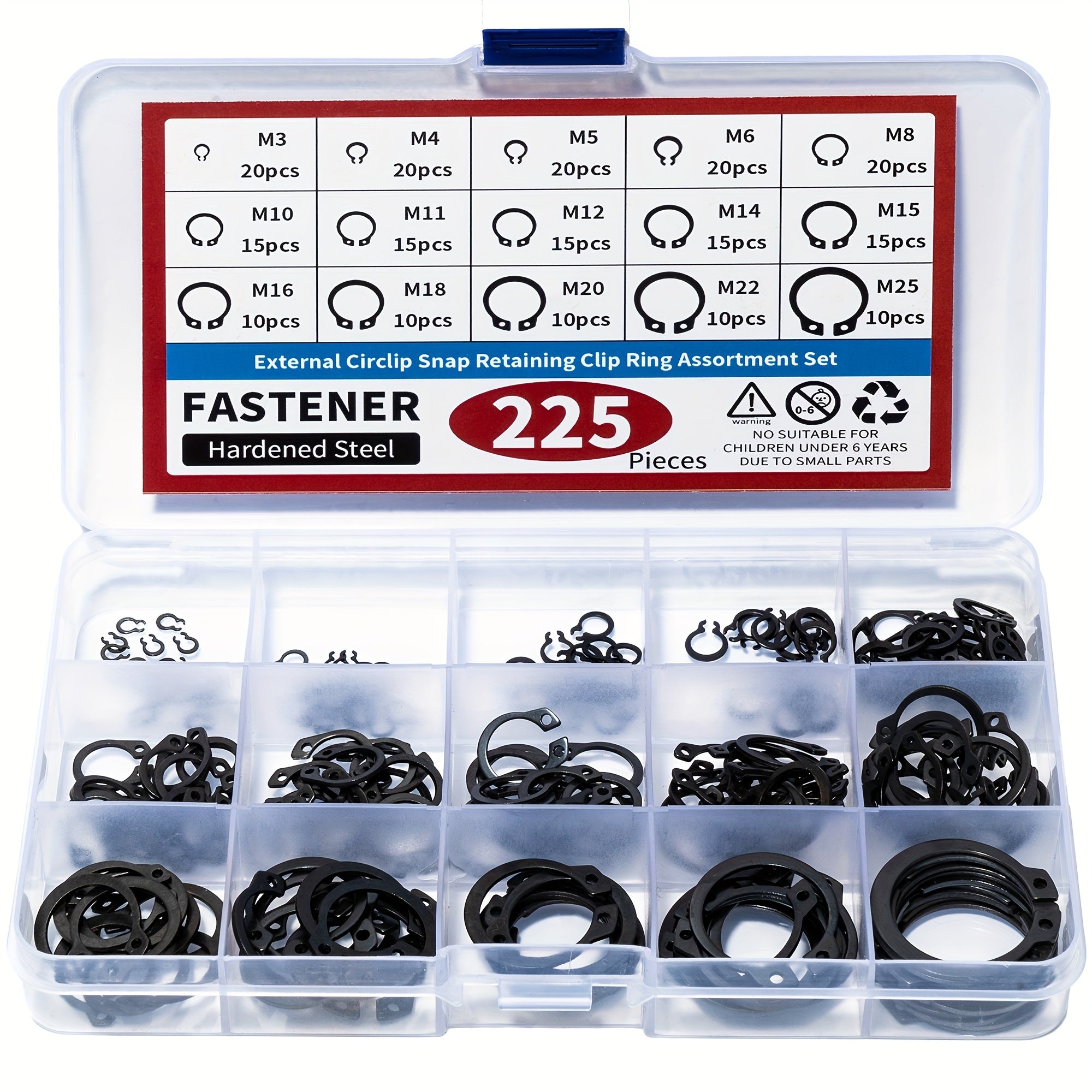 225-компонентный набор внешних стопорных колец из нержавеющей стали для сборки вала M3-M25