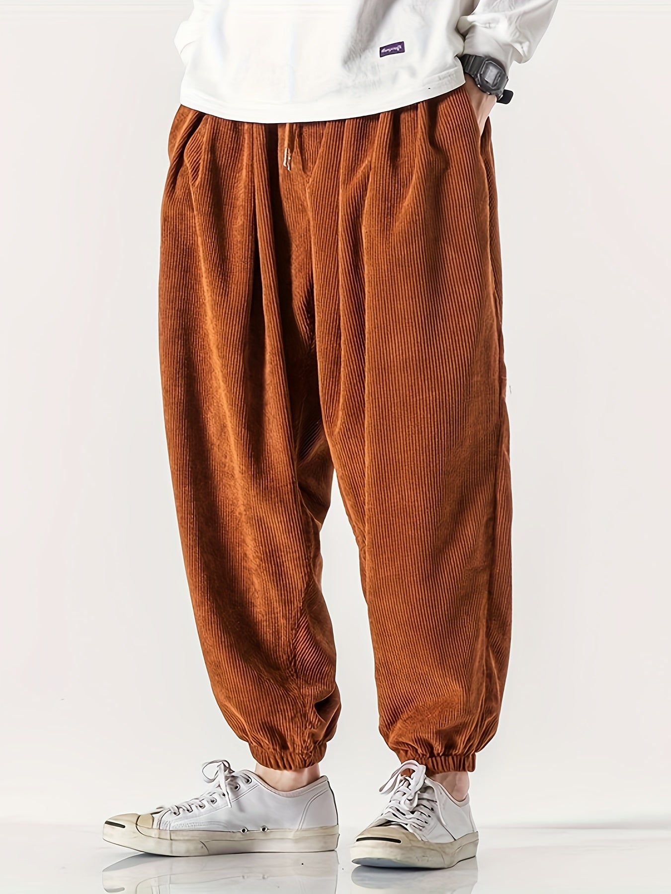 Men's Wide Leg Corduroy Pants with Drawstring Casual Spring Fall