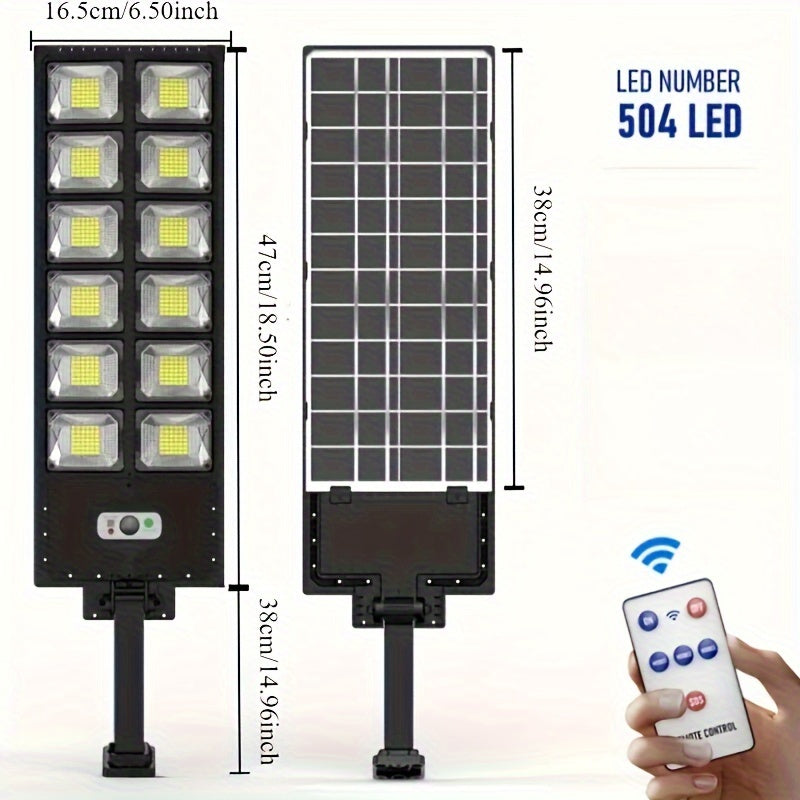 Solar Powered Outdoor Street Light with Motion Sensor 504 LED 7000K Cool White Dimmable Energy-Efficient