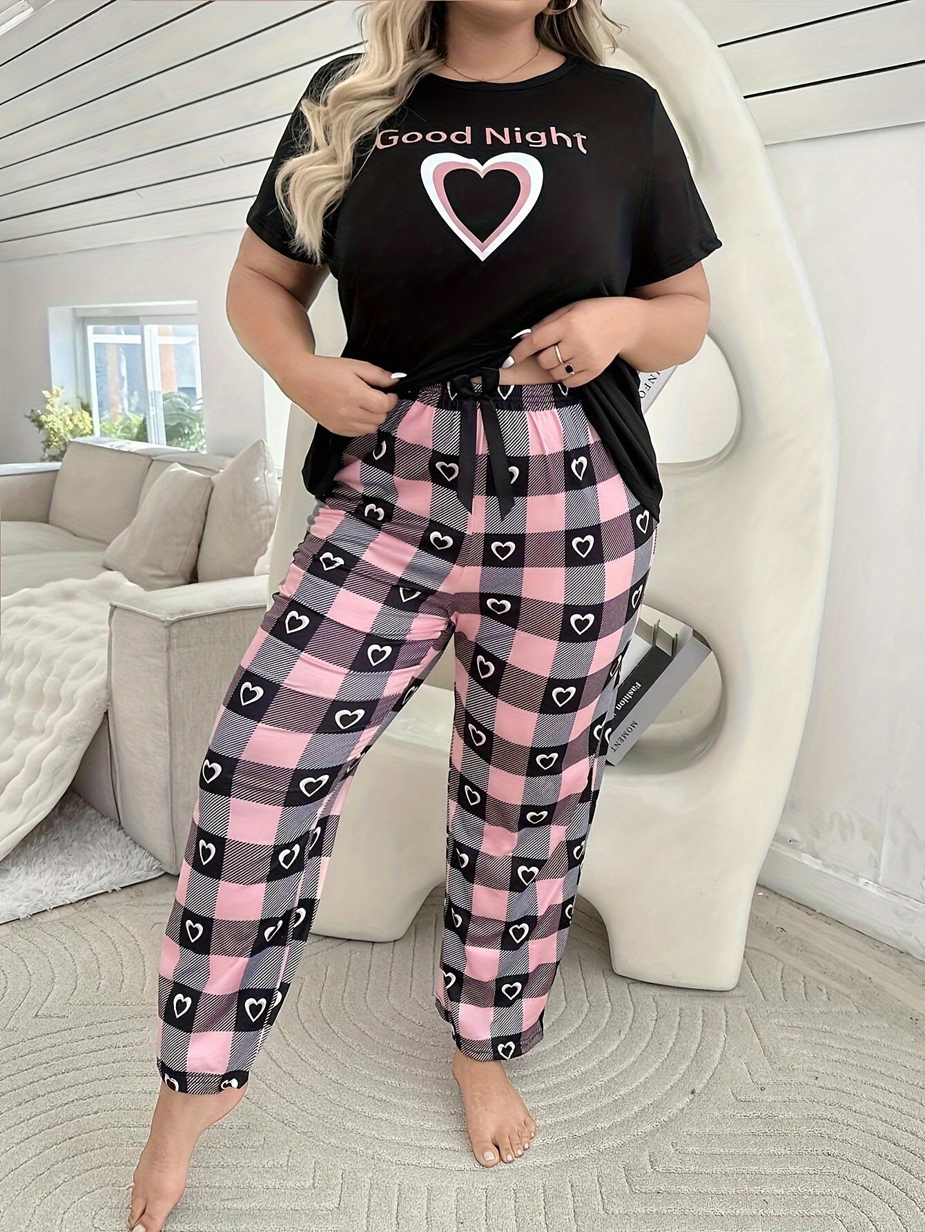 Women's Heart Pajama Set Short Sleeve Long Pants Cozy Polyester Blend