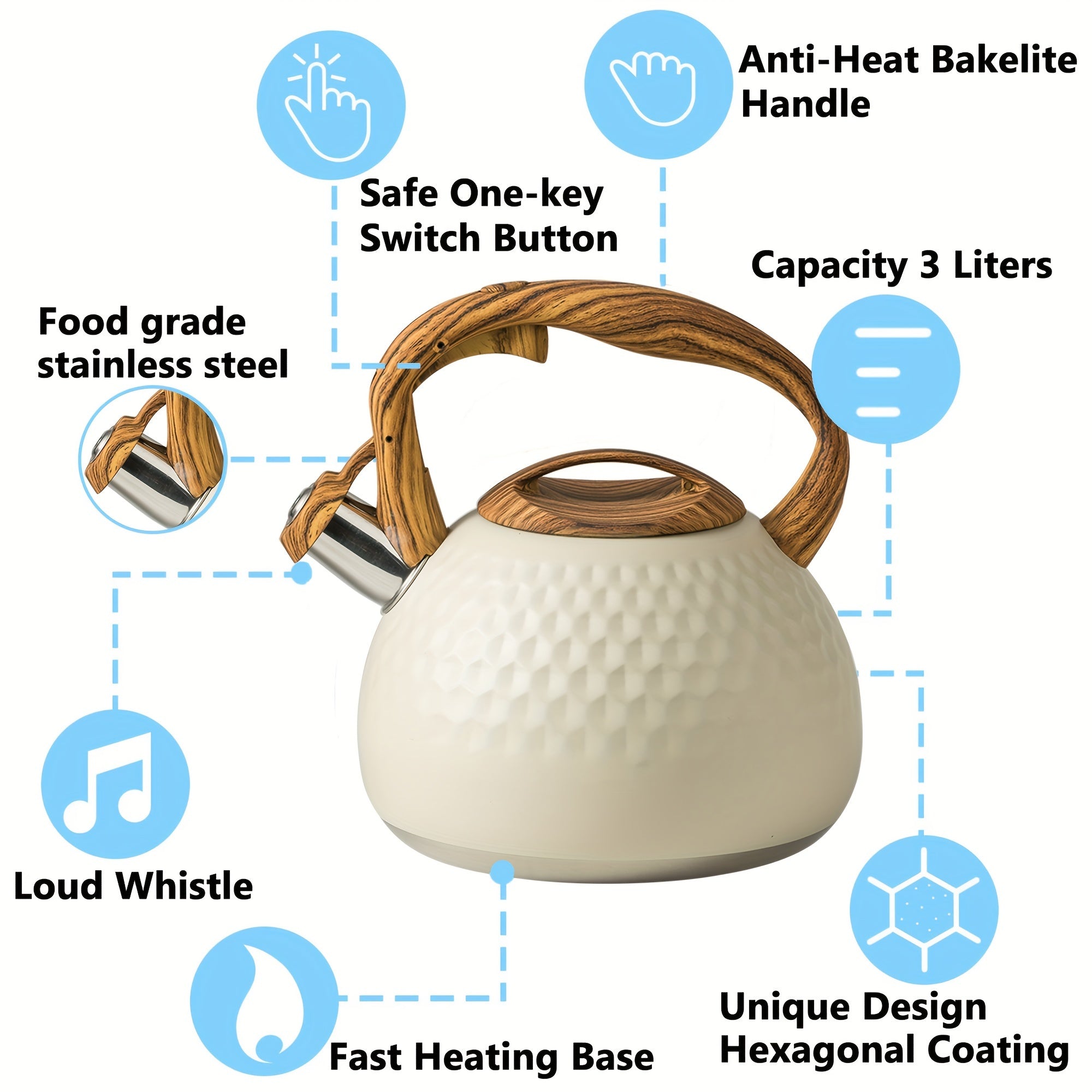 Stainless Steel Tea Kettle with Wooden Handle, Loud Whistle, Induction Compatible
