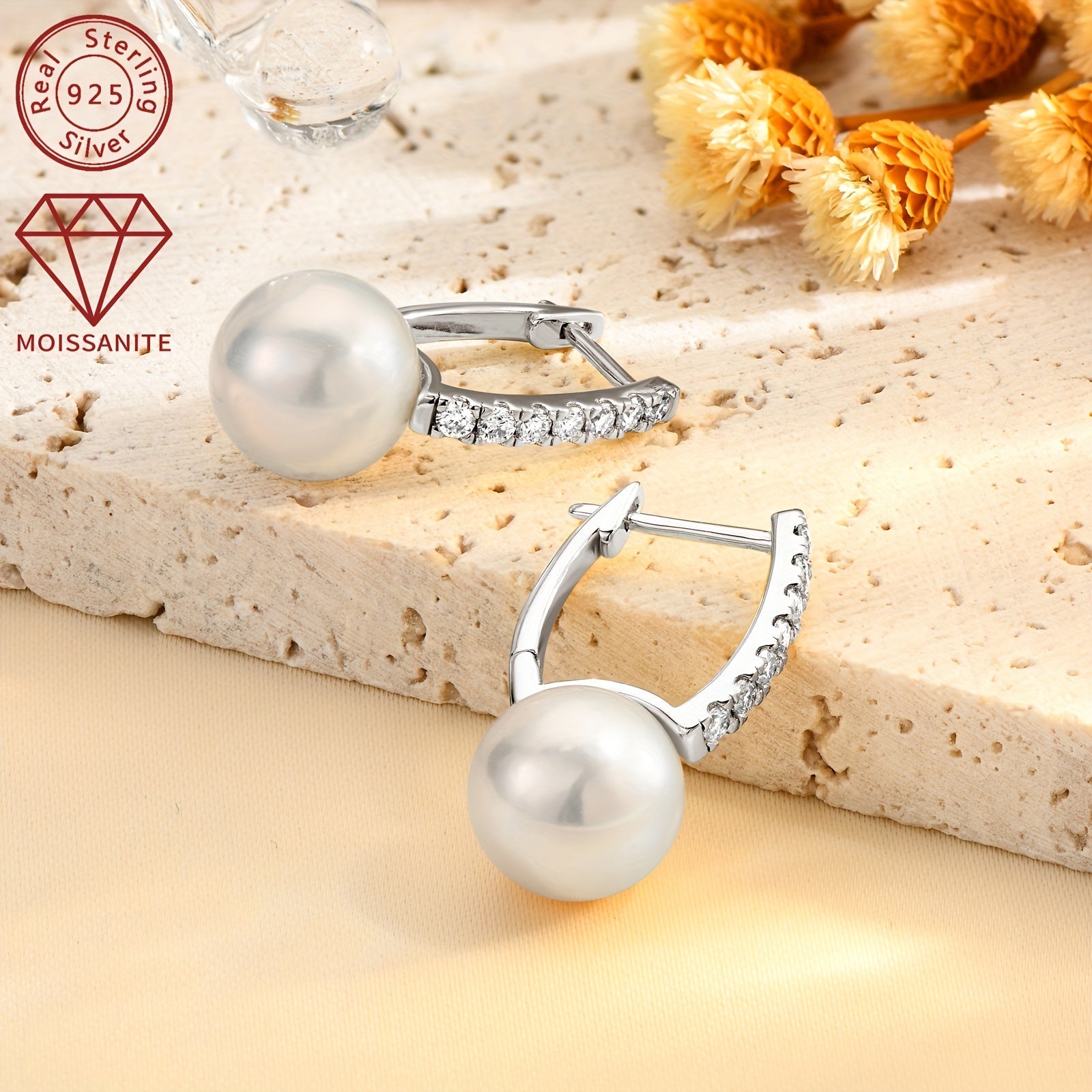 Women's Silver Pearl Earrings with Moissanite 9.5-10mm Freshwater White Pearls