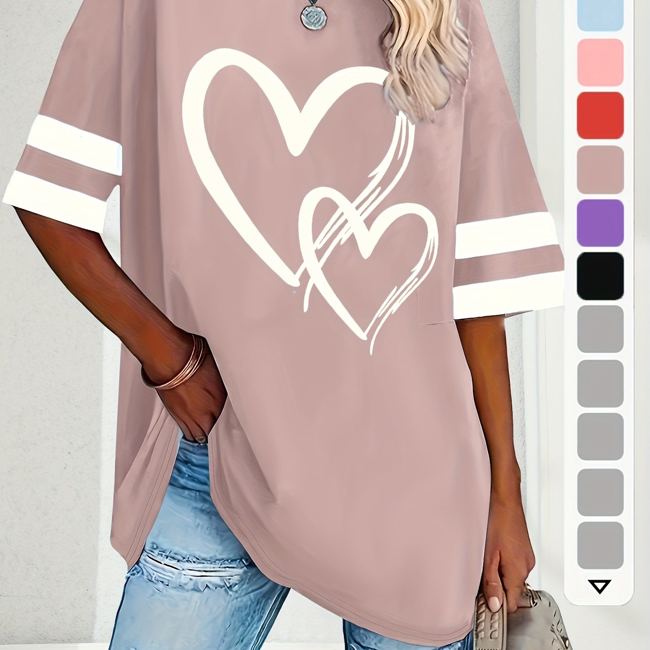 Plus Size Women's Short Sleeve T-Shirt with Heart Design Casual Pullover