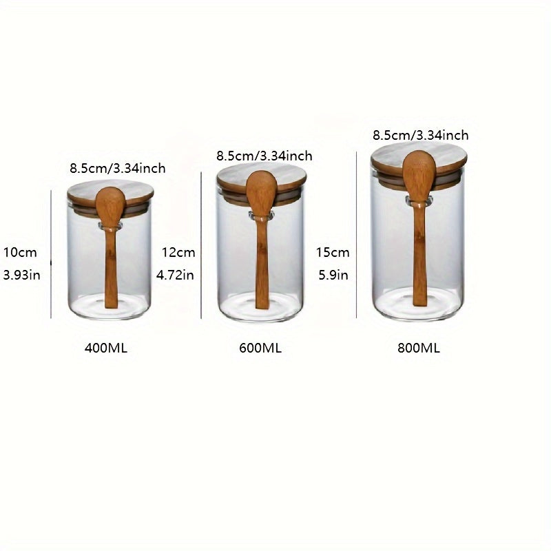 Tarro de almacenamiento de vidrio hermético con tapa de bambú y cuchara para especias de cocina, arroz, café, caramelos