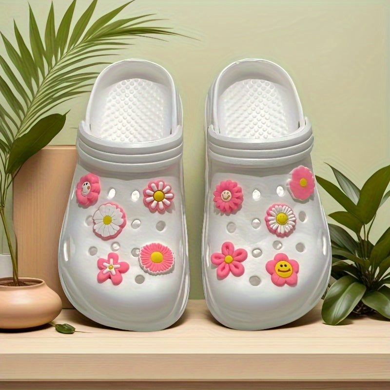 Women's Summer Clogs With Pink Flower Accessories Slip-On Comfortable Beach Daily