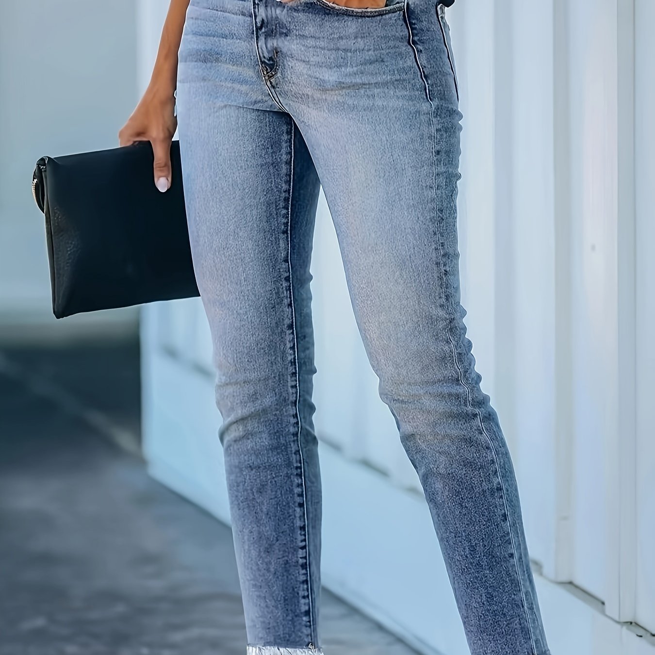 Women's High Stretch Skinny Jeans Mid Waist Cropped Tapered Carrot Fit Street Style