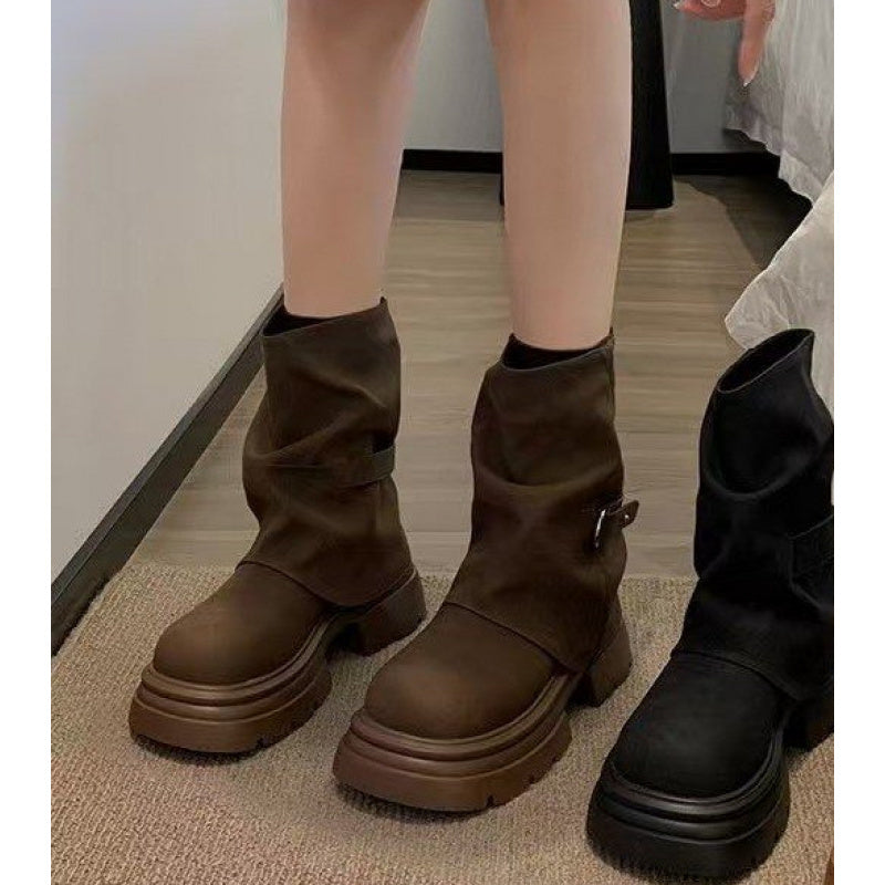 Women's Faux Leather Mid-Calf Retro Slip-On Ankle Boots with Chunky Sole