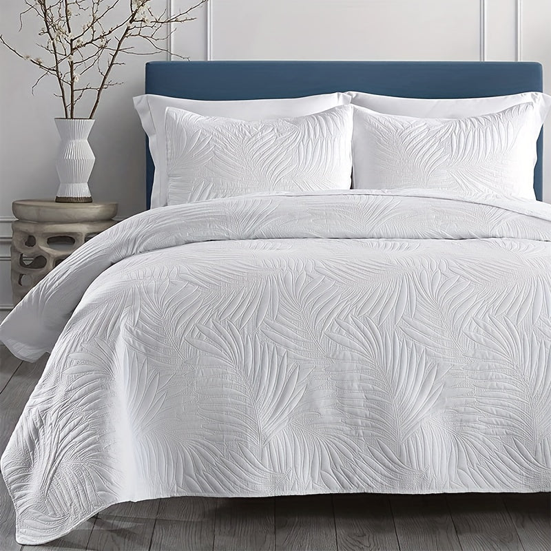 Bedroom Dormitory Bedspread Set with Leaf Embossed Design and Pillowcases