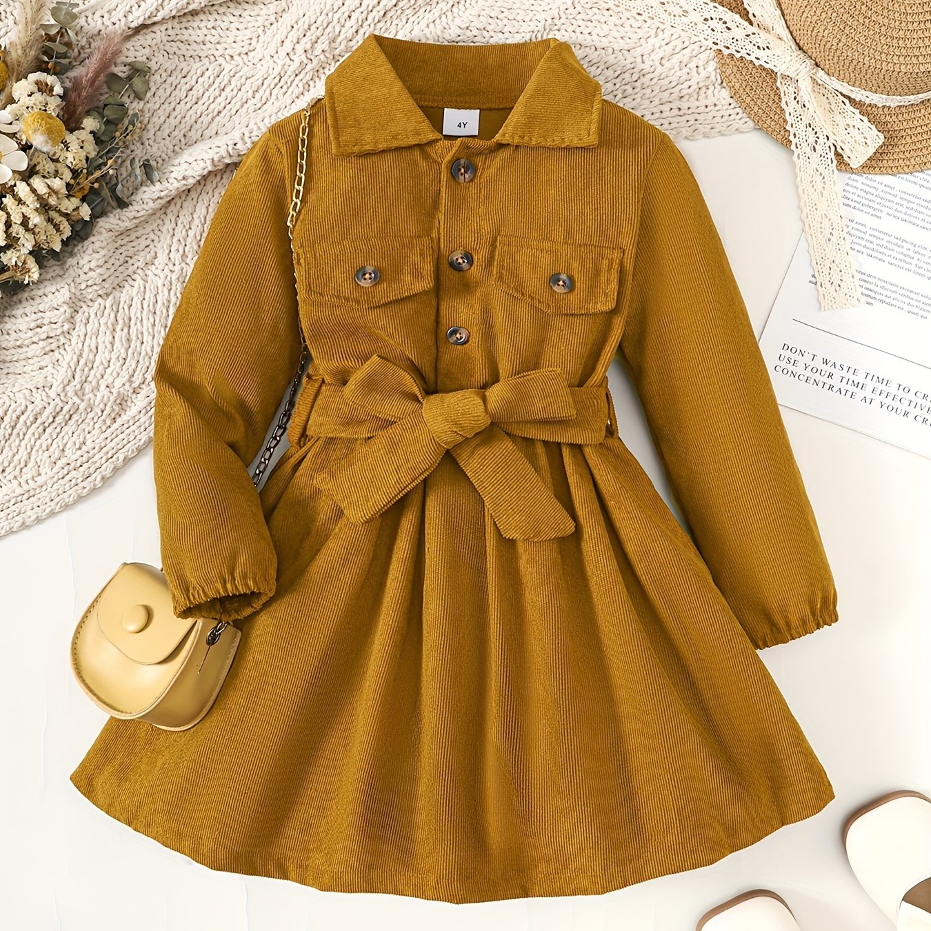 Toddler Girls Solid Midi Dress with Long Sleeves Bow Belt for Parties and Winter