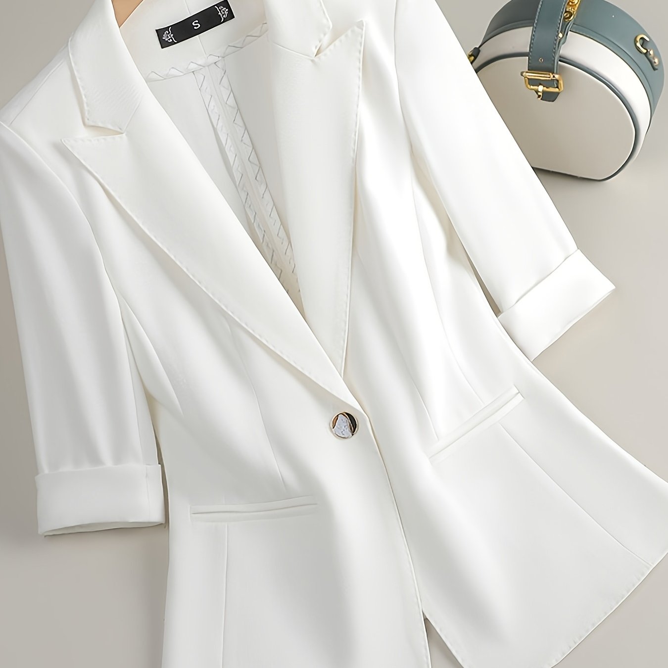 Plus Size Women's White Blazer with Three-Quarter Sleeves Slim Fit All Season