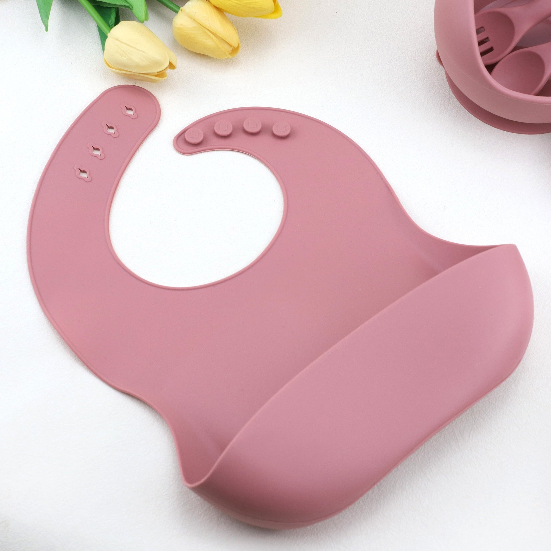 9-Piece Silicone Baby Tableware Set with Bib Plate Bowl Cup Spoon Fork