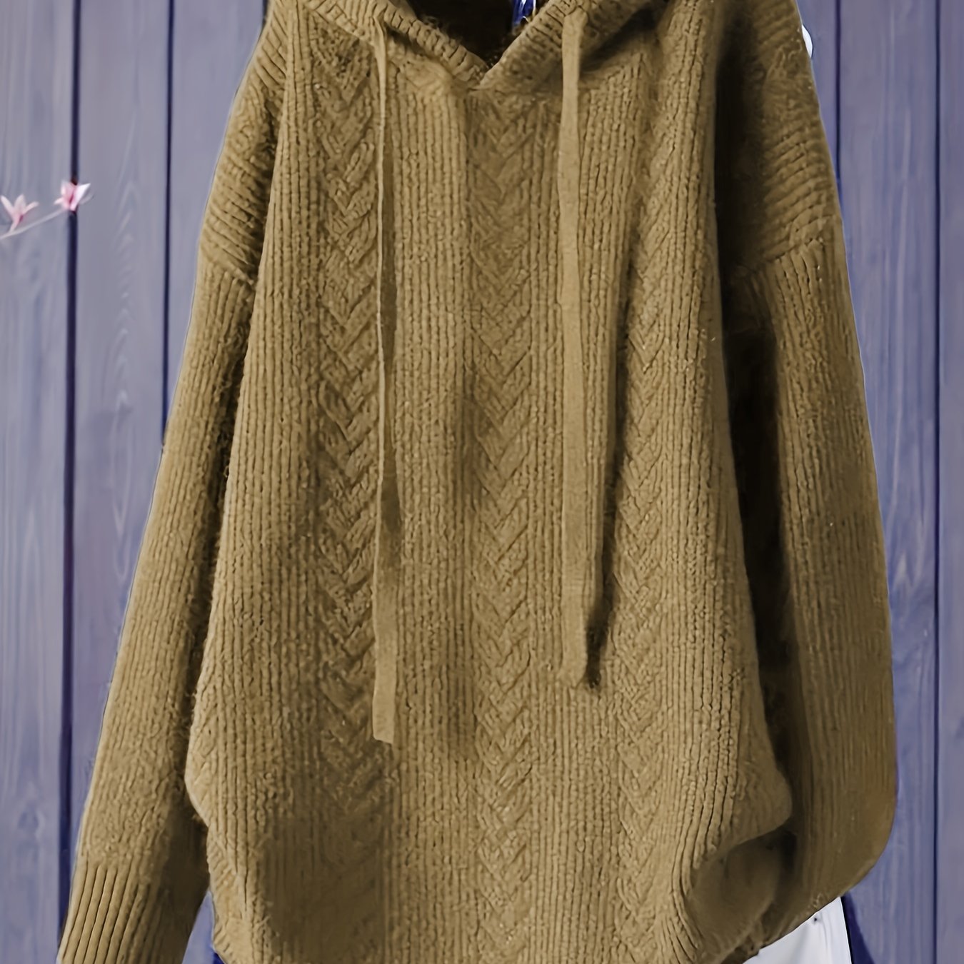 Women's Navy Blue Hooded Sweater with Drawstring and Ribbed Texture