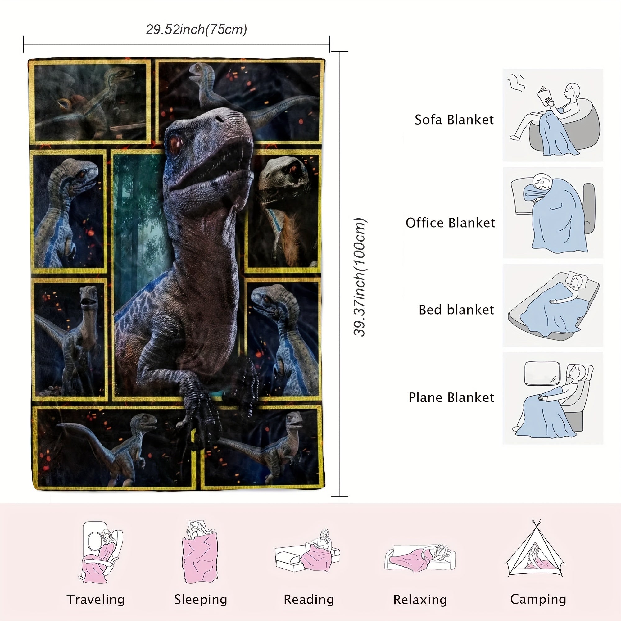 Plush Throw Blanket Geometric Dinosaur Pattern Polyester All-Season