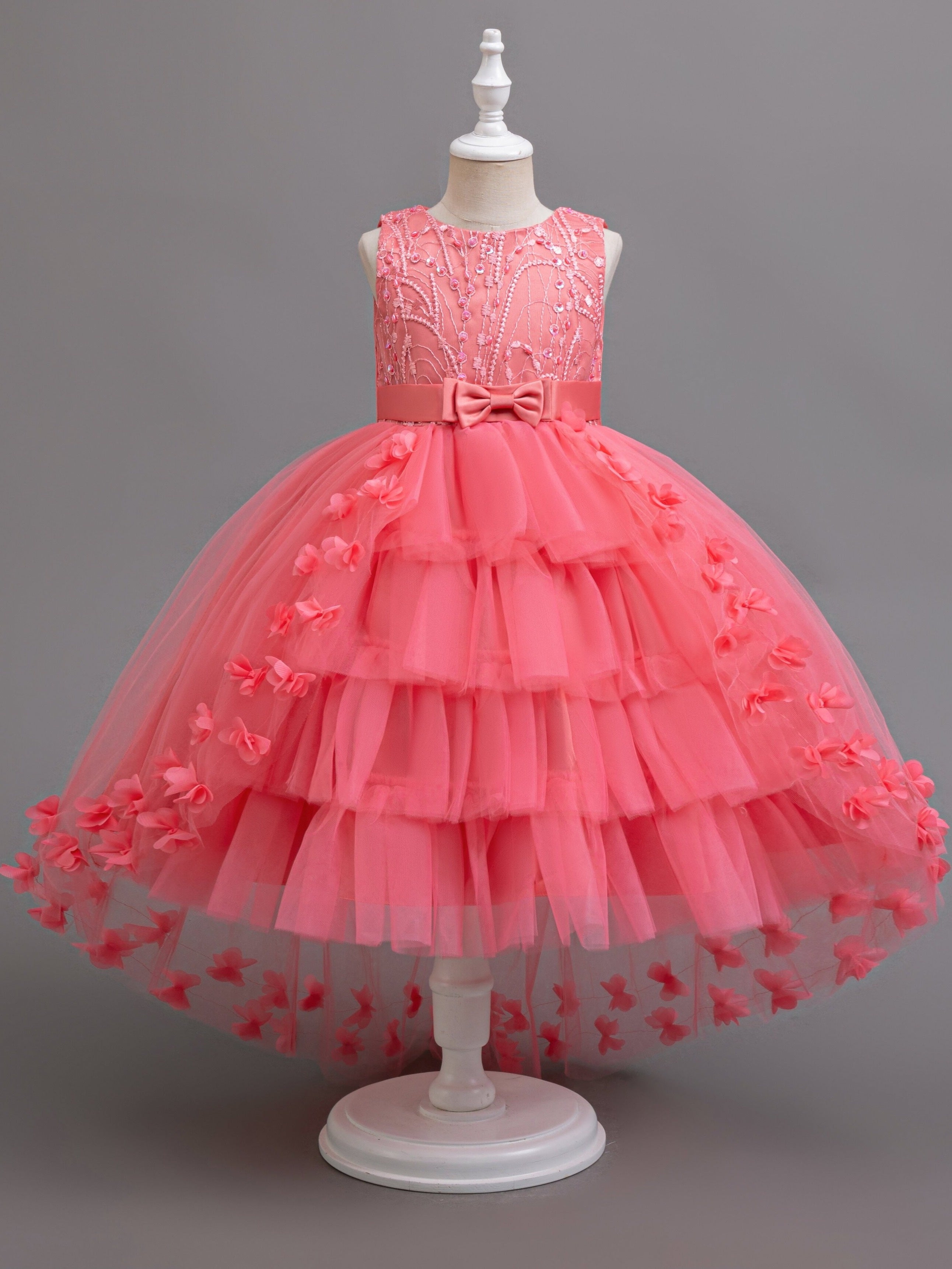 Children's Sleeveless Dress with Tiered Mesh Tutu Faux Pearls Bowknot Floral Summer