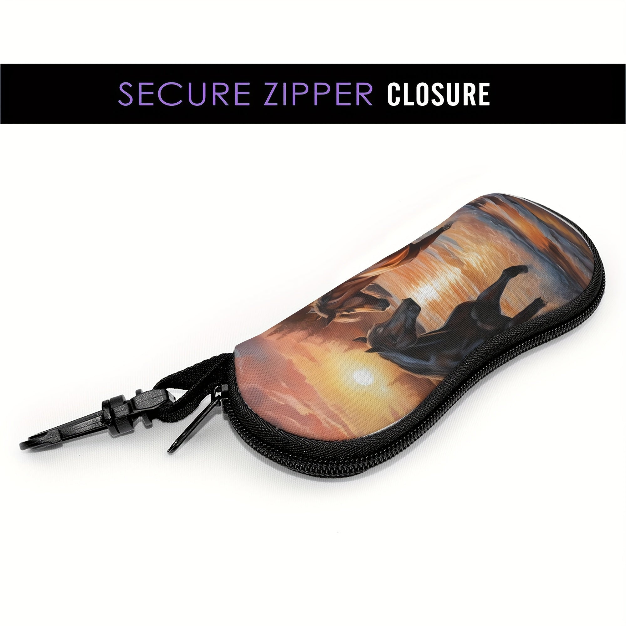 Horse Patterned Glasses Case Neoprene Eyewear Pouch with Zipper and Belt Clip