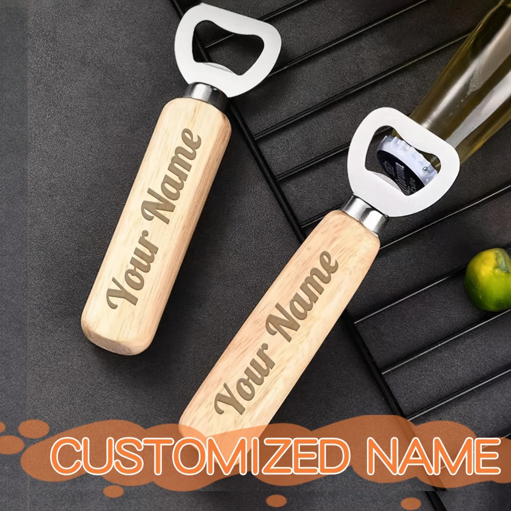 Maxsus o'yilgan yog'och pivo shishasi ochgichi kalit zanjiri sifatida ham xizmat qiladi, bayramlar va partiyalar uchun ajoyib. Ism yoki logotip bilan shaxsiylashtiring.