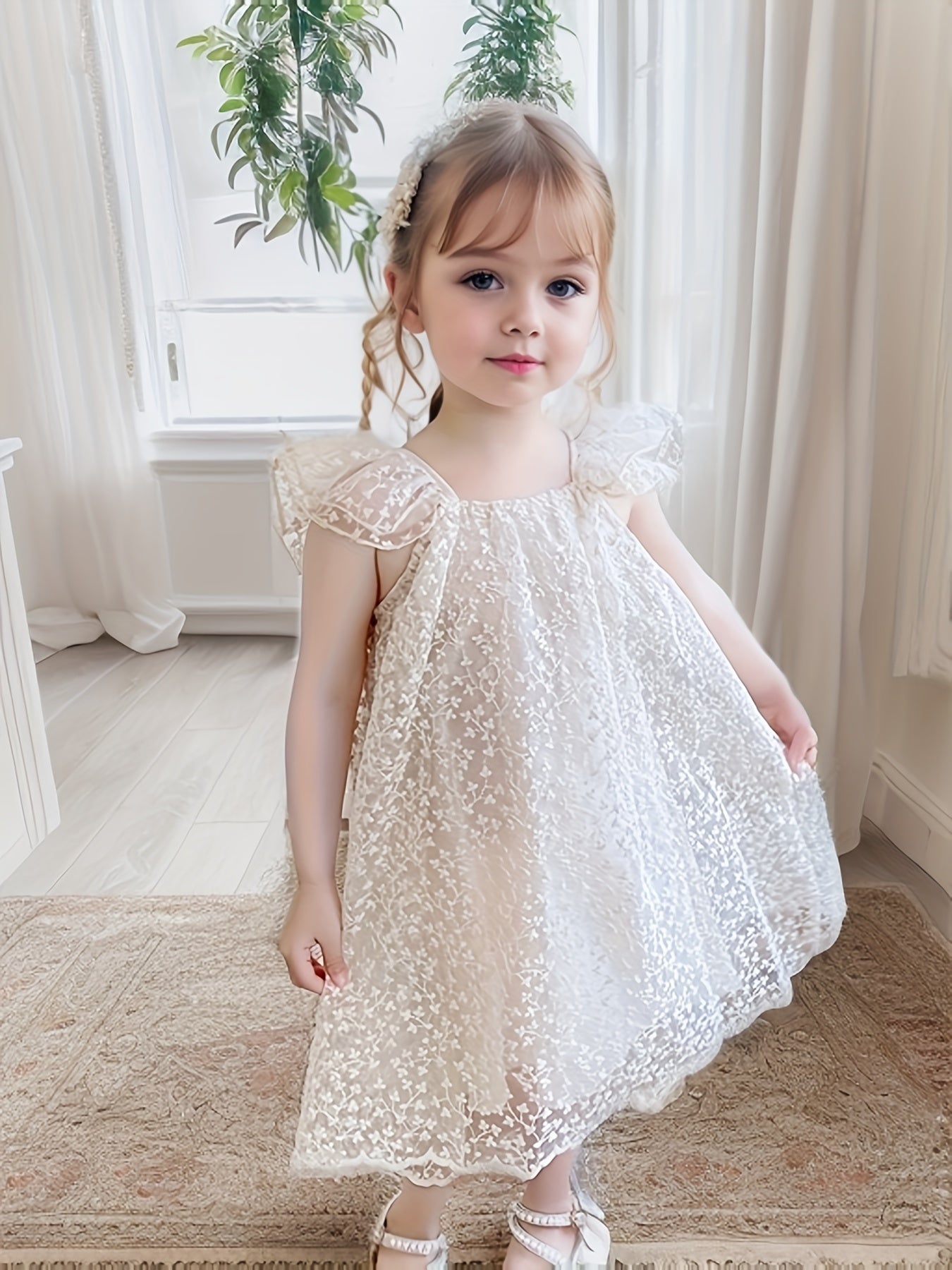 Qizlar uchun gullar bilan jacquard, uchuvchi yenglar va orqa qismi ochiq dizaynga ega nafis dantel ko'ylak.