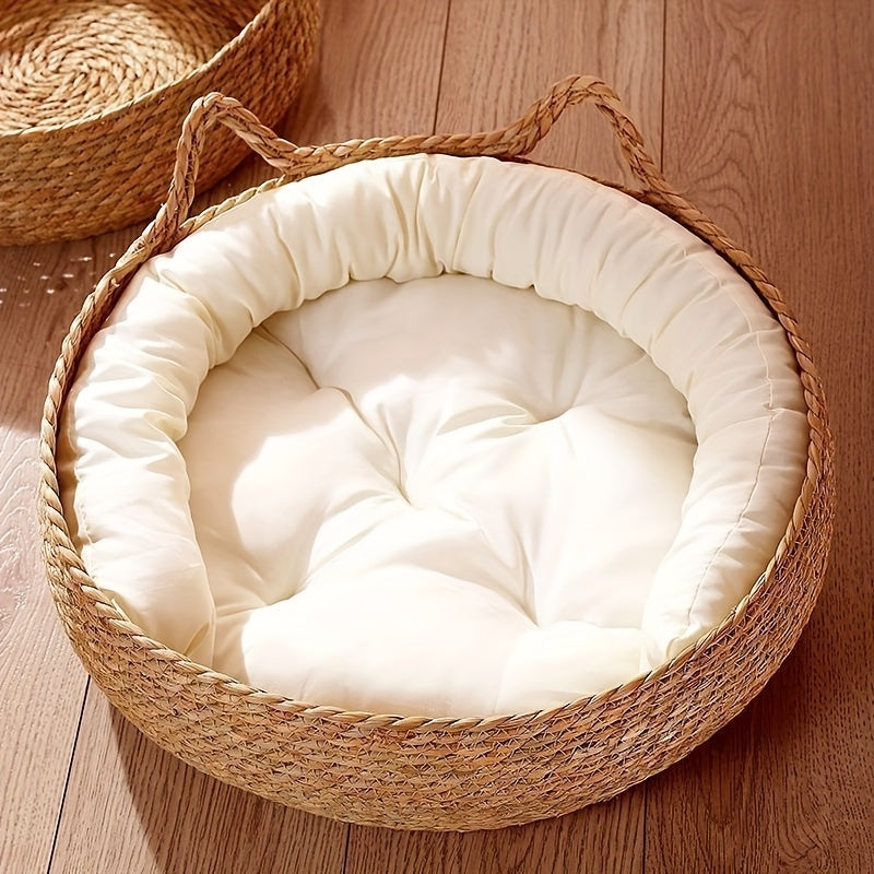 Woven Cat Basket with Bamboo Mat and Pillow 42.93cm Rattan Pet Bed