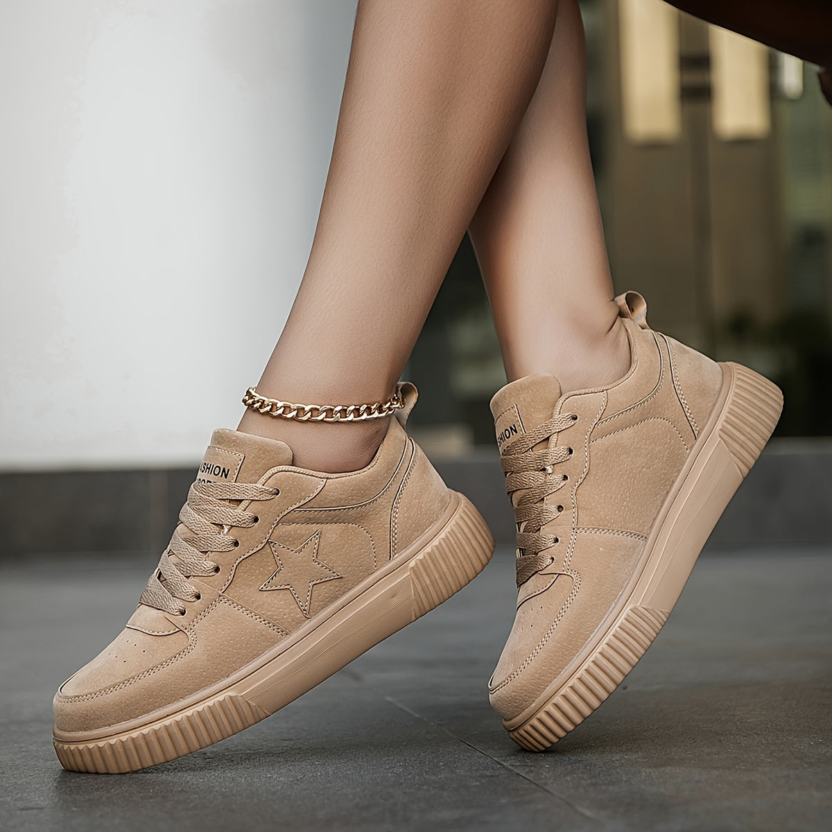 Women Minimalist Star Pattern Lace-Up Casual Sneakers Lightweight Low Top Shoes