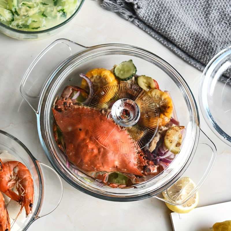 Pech va mikroto'lqinli pechda ishlatish uchun mo'ljallangan qopqoq bilan shisha kastryul. O'lchamlari: 28.09 sm diametr, 21.11 sm chuqurlik, 11.0 sm tutqichlar bilan. Pishirish va tayyorlash uchun mukammal.