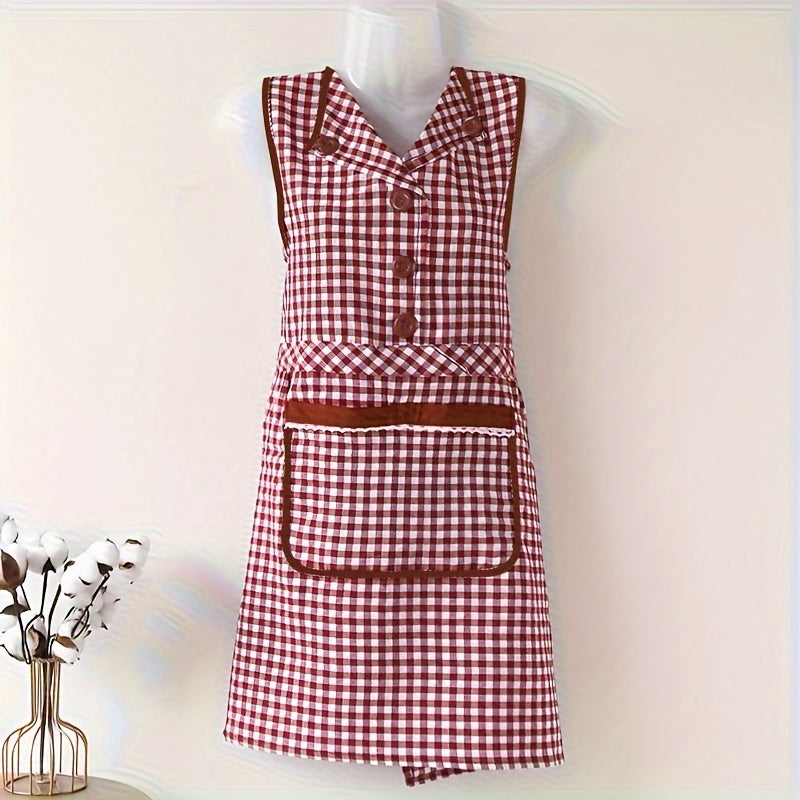 Классный клетчатый хлопковый кухонный фартук с передним карманом, безрукавный фартук в стиле платья с V-образным вырезом из трикотажной ткани, с регулируемым завязкой, модный фартук для женщин, изготовленный из смеси хлопка и полиэстера.