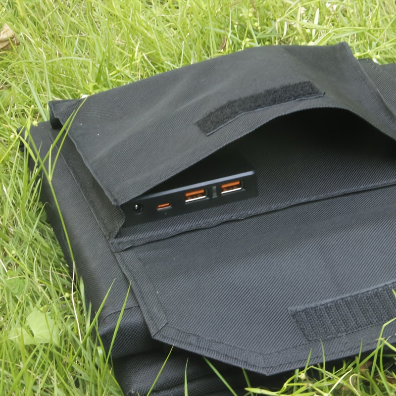 Портативный солнечный панельный комплект мощностью 100 Вт складной и подходит для зарядки ноутбуков и телефонов на улице, включая USB, Type-C PD и DC выходные опции. Идеально подходит для кемпинга.