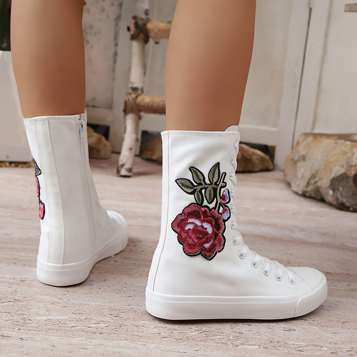 Women's Floral Embellished Mid-Calf Boots Leather Low Heel Casual All-Season