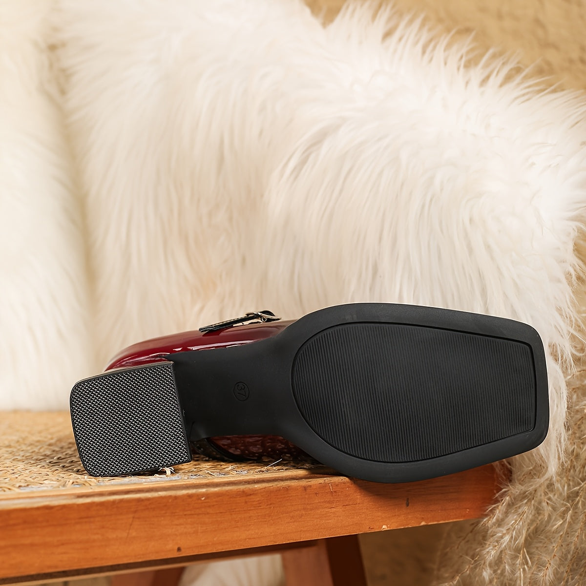 Women Black Red Mary Jane Shoes Glossy Synthetic Square Toe Heel