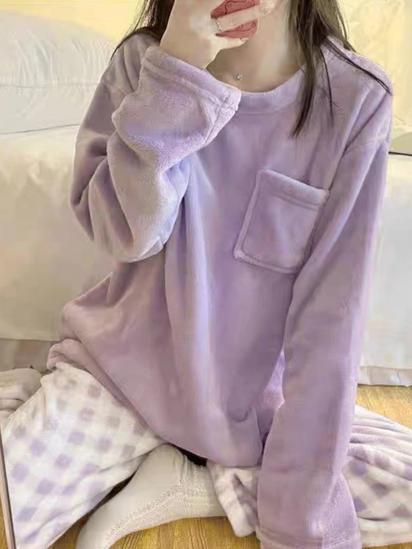 Plus Size Winter Fleece Pajama Set Women Plaid Sleepwear Loungewear