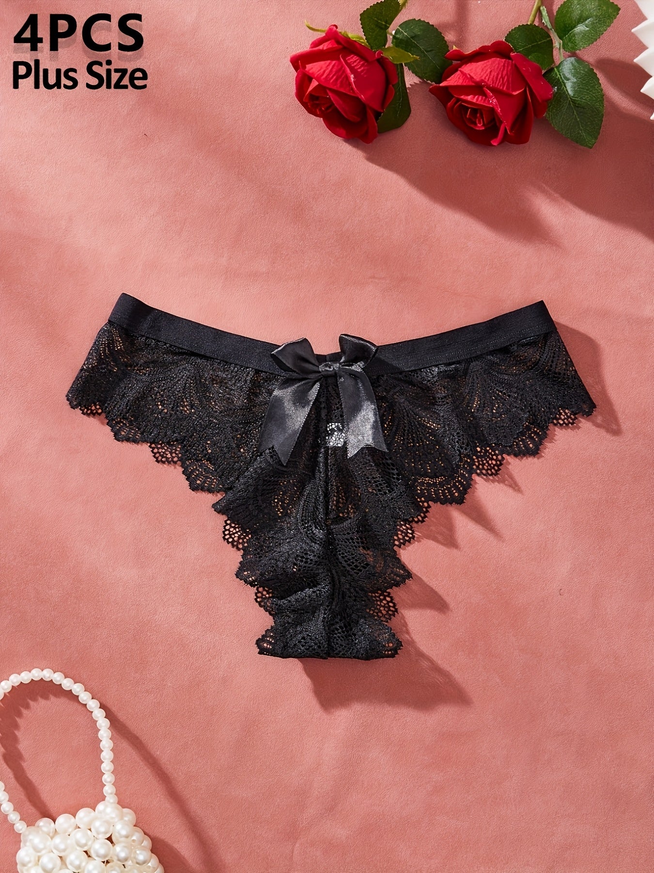 Plus Size Women’s Lace Thongs Pack Soft Breathable Stretch Underwear in Black Red White