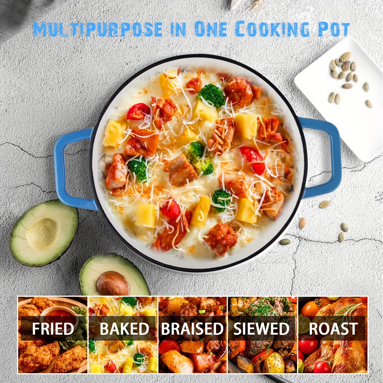 Bir parcha idish to'plami 3 kvartli yumaloq qozon va tekis qopqoqdan iborat bo'lib, gradient ko'l ko'k rangida. Qoplamasiz quyma temirdan tayyorlangan, bu mustahkam qozon oshxonangizdagi barcha pishirish ehtiyojlaringiz uchun mukammaldir.