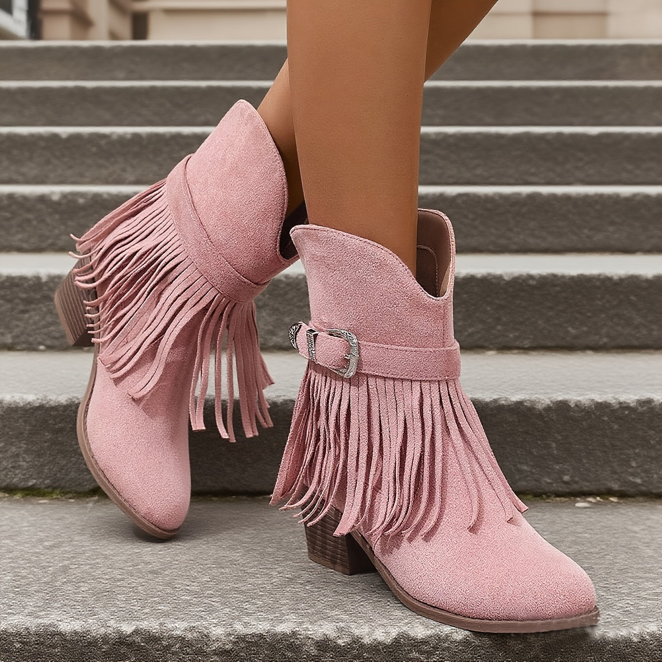 Women's Mid-Calf Faux Leather Slip-On Boots with Tassel and Flared Heel