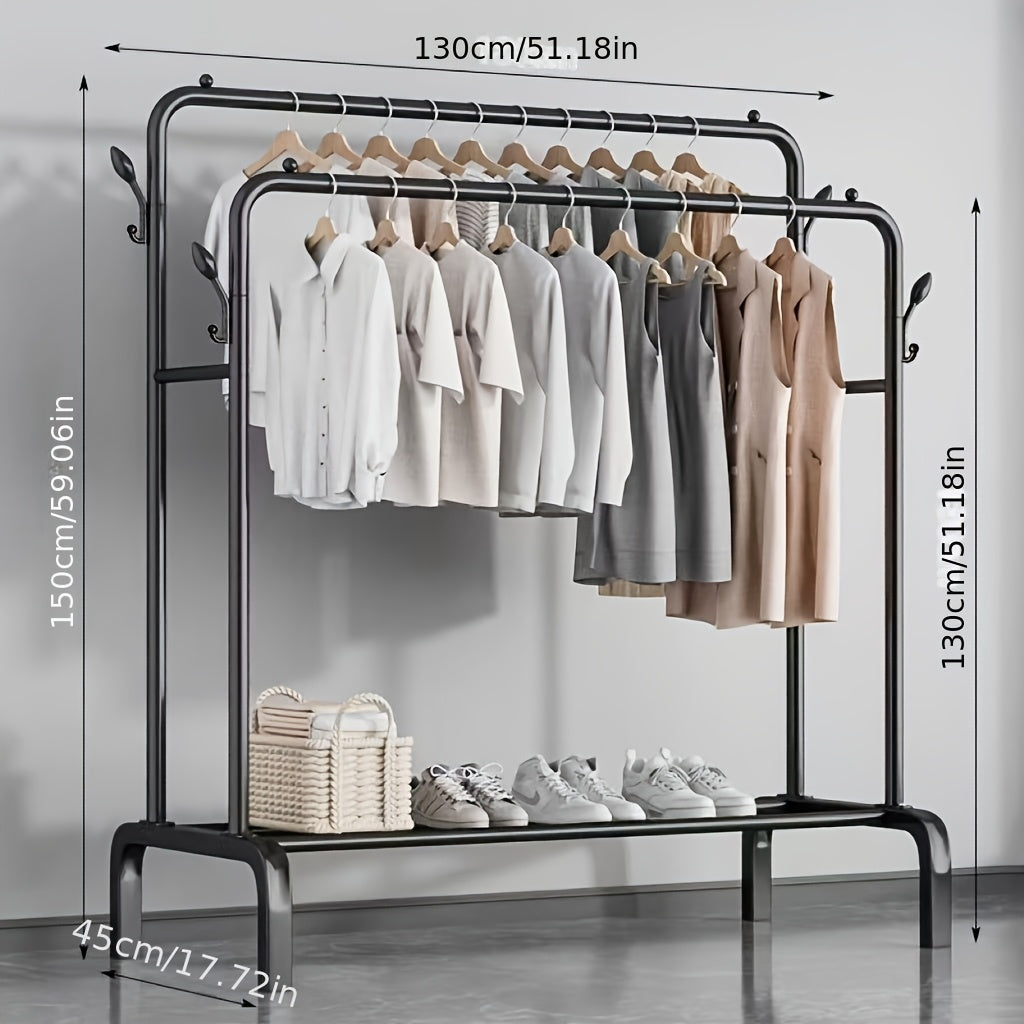 Katta zanglamas po'latdan yasalgan kiyim tokchasi, ikki tayoq va oson yig'ish uchun asos bilan. Yotoqxona, balkon yoki hammomda kiyimlarni tartibga solish uchun ideal.