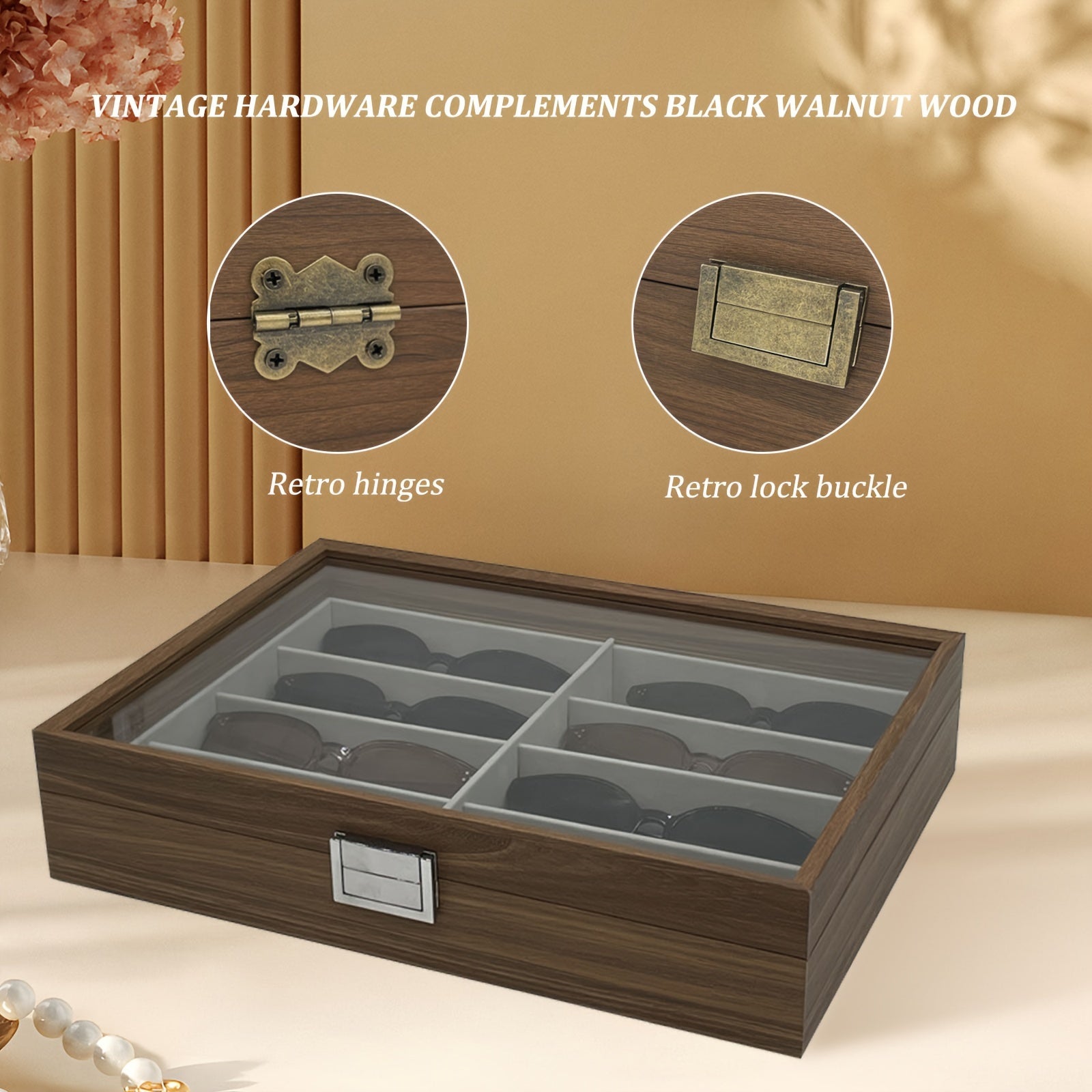 Black Walnut Wood Eyewear Organizer for Women Holds 8 Glasses Stylish Display Case