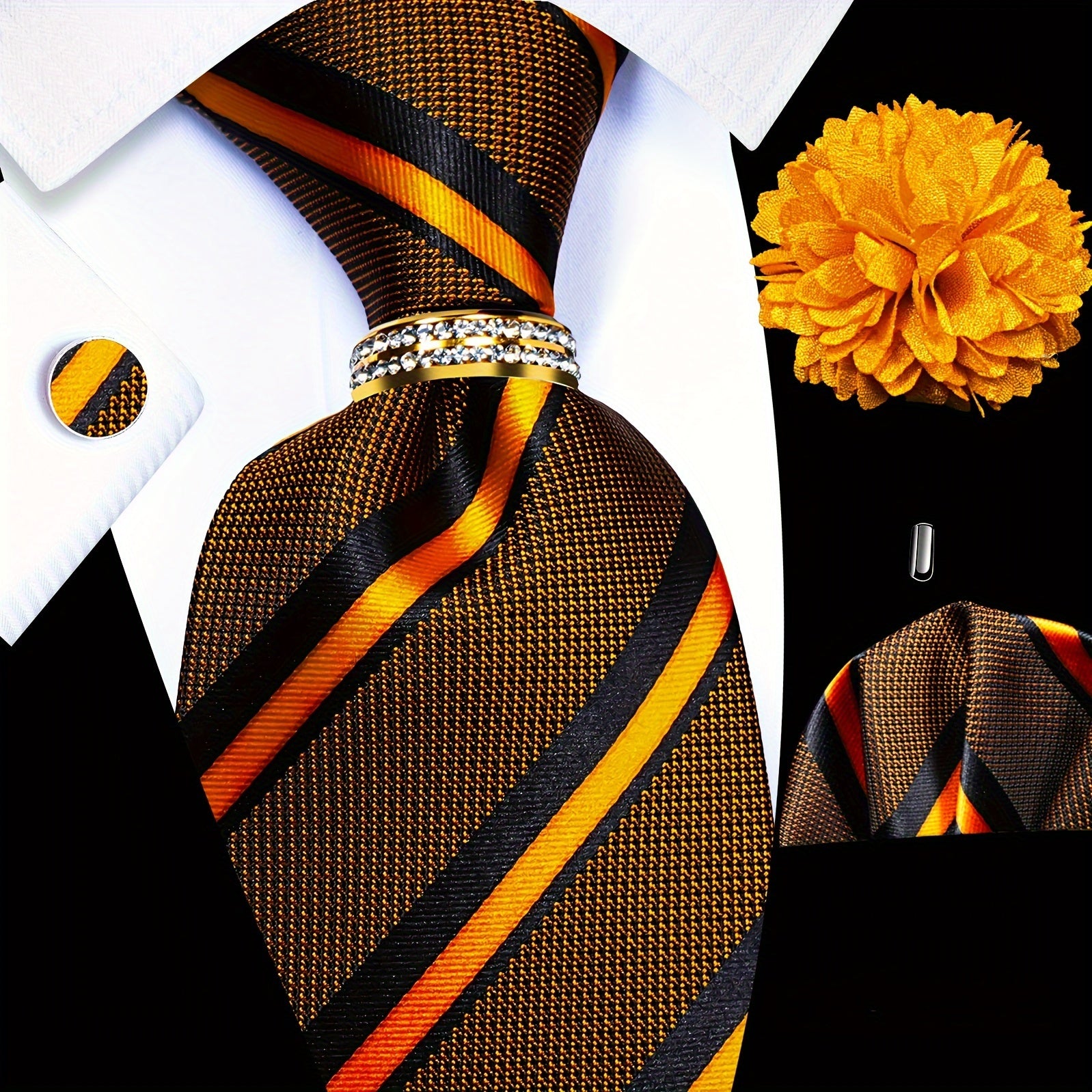 Men's Accessories Set Tie Pocket Square Cufflinks Lapel Pin Tie Ring for Wedding Groom