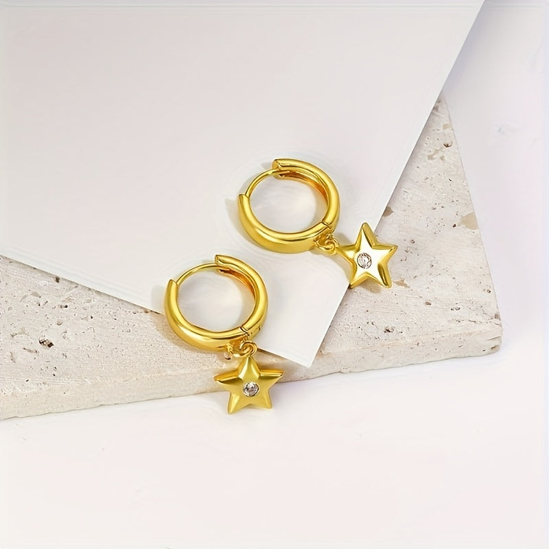 Sterling Silver Star Earrings with Cubic Zirconia and Pentagram Pendant for Women