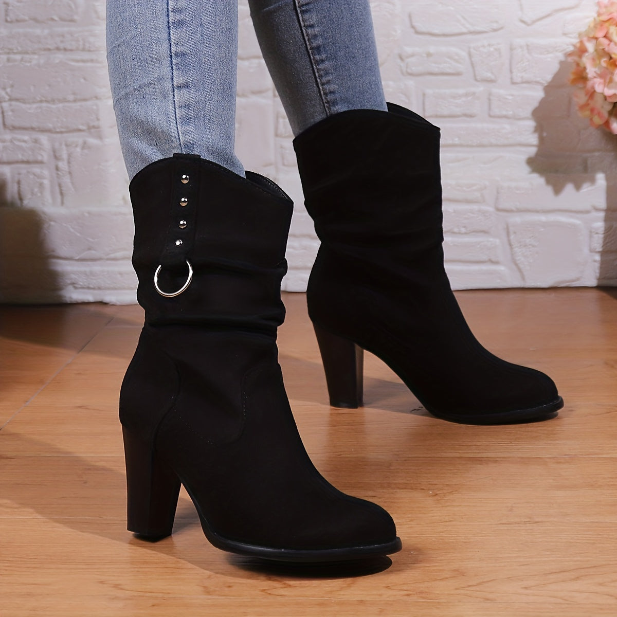 Women’s Retro Western Cowboy Boots Black Leather Chunky Heel Ankle Shoes