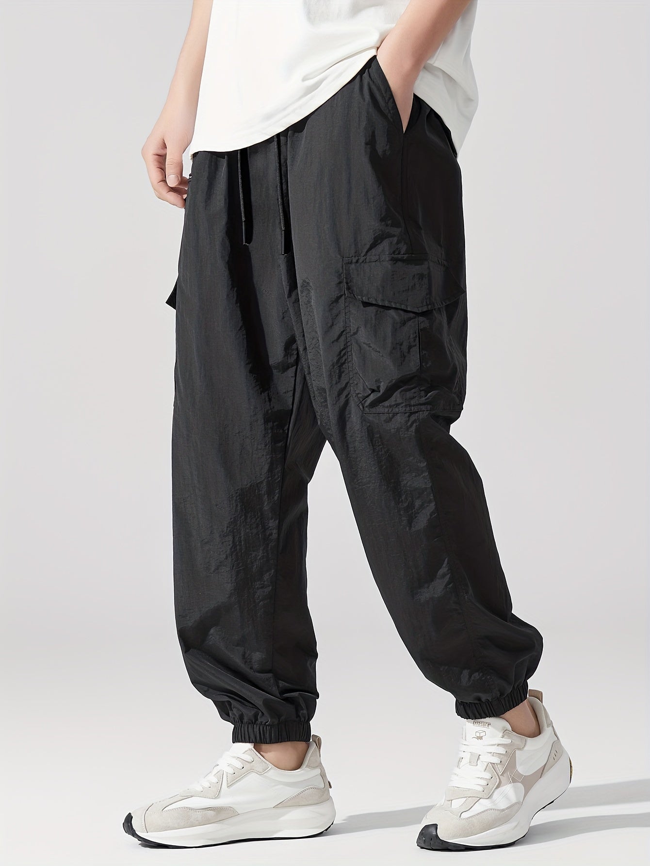 Plus Size Men's Black Nylon Joggers Lightweight Loose Fit Casual Sporty Sweatpants