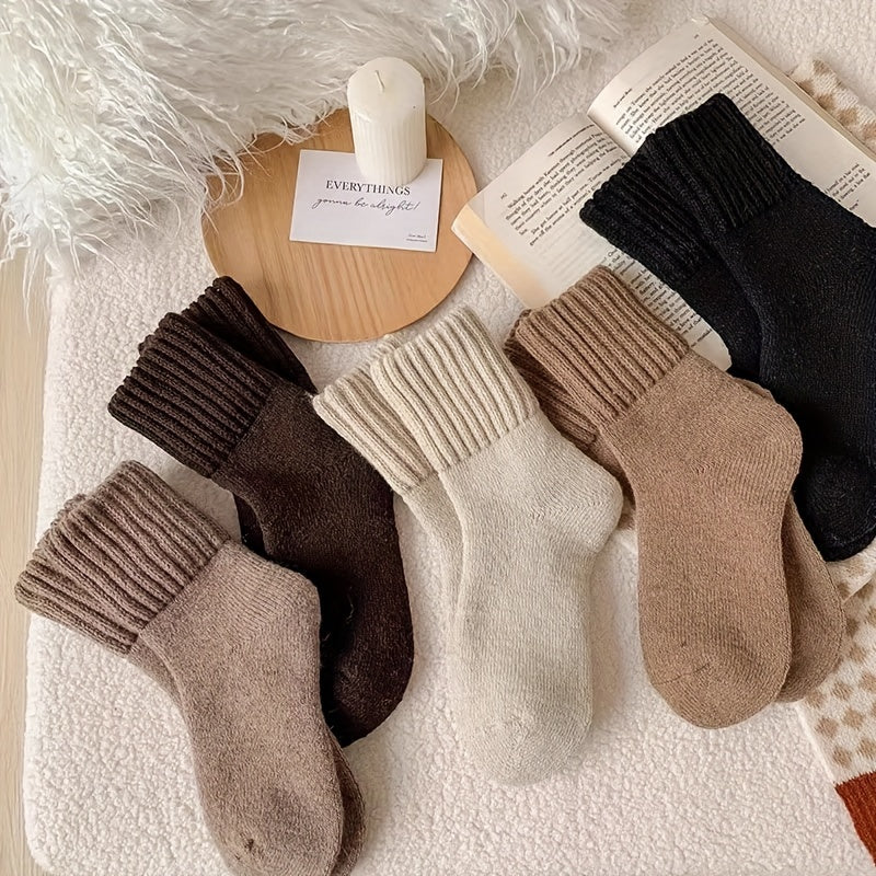 Women’s Fuzzy Terry Socks 5 Pairs Solid Color Knit Fabric Comfortable Warm