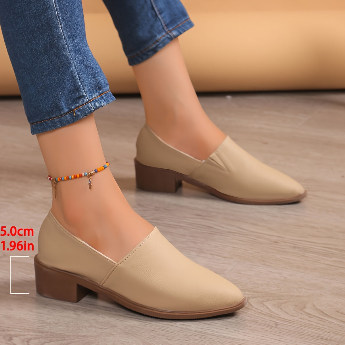 Women's Apricot Faux Leather Pointed Toe Loafers with Chunky Heel